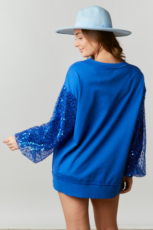 Sequin Sleeve French Terry Top