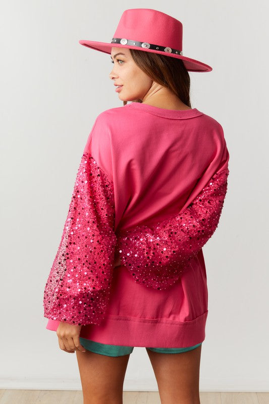 Sequin Sleeve French Terry Top