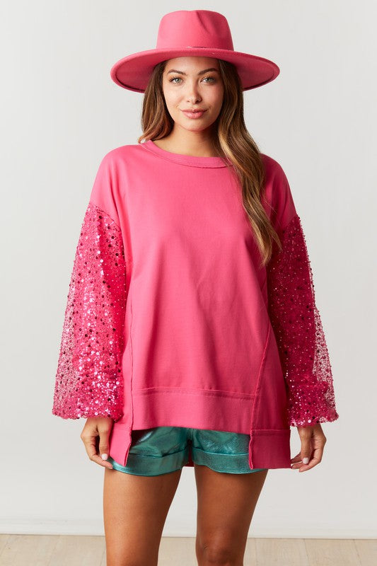 Sequin Sleeve French Terry Top