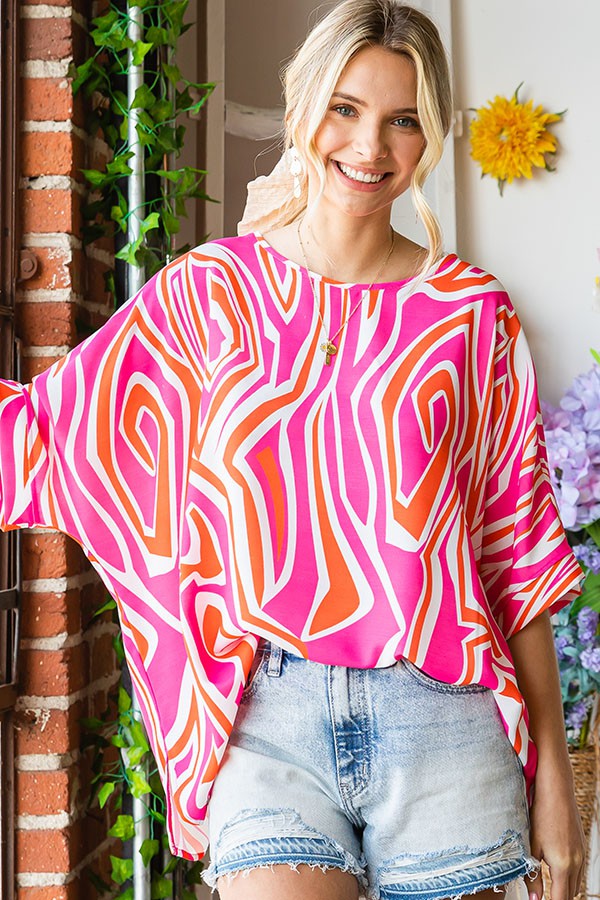 Pink Abstract Dolman Sleeve Top S-3X