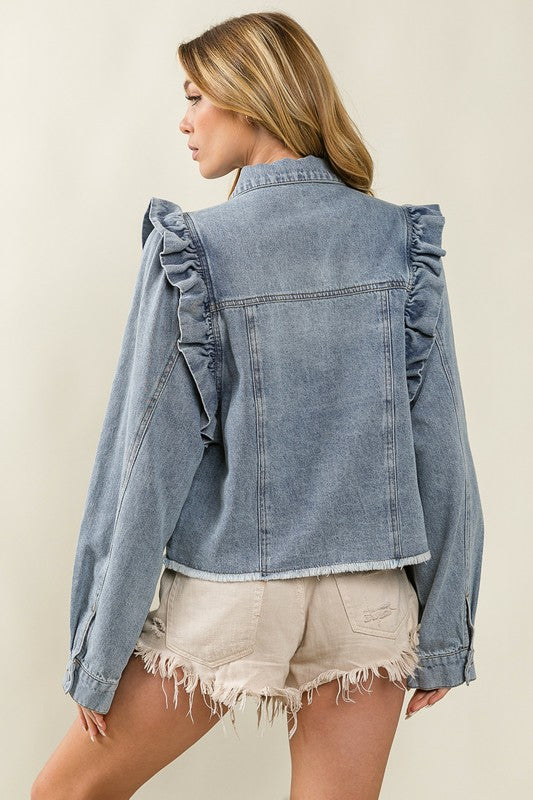 Vintage Denim Ruffle Sleeve Jacket