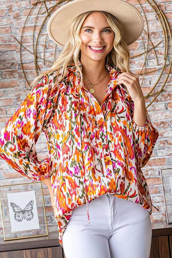 Abstract Print Button Down Top