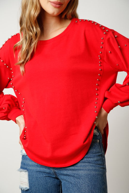 French Terry Studded Sleeve Top