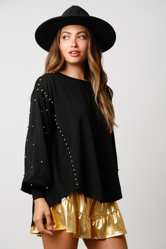 French Terry Studded Sleeve Top