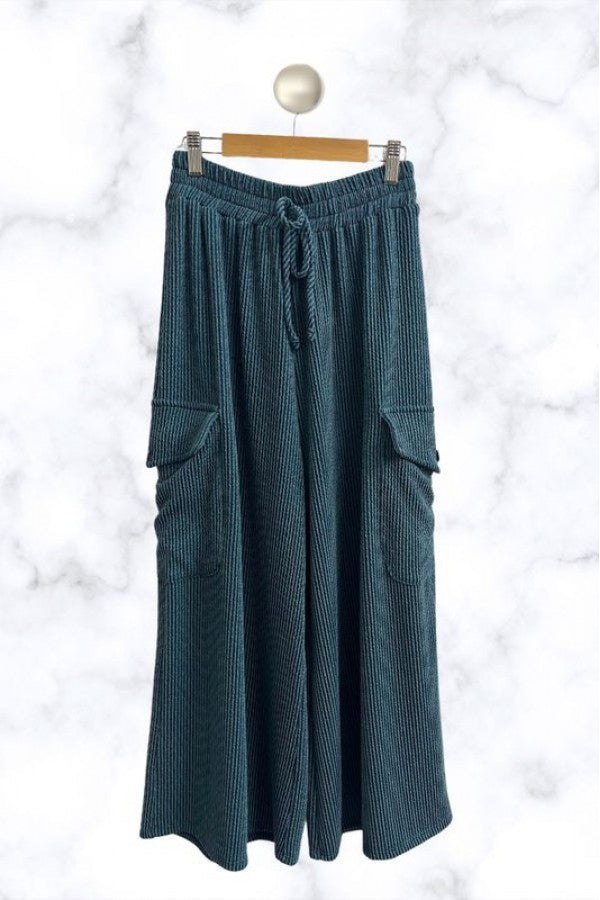 Ribbed Wide Leg Cargo Pants Teal