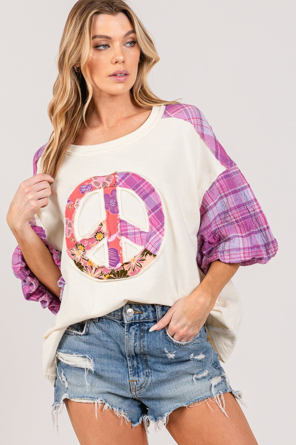 Peace Sign Plaid Sleeve Top S-3X