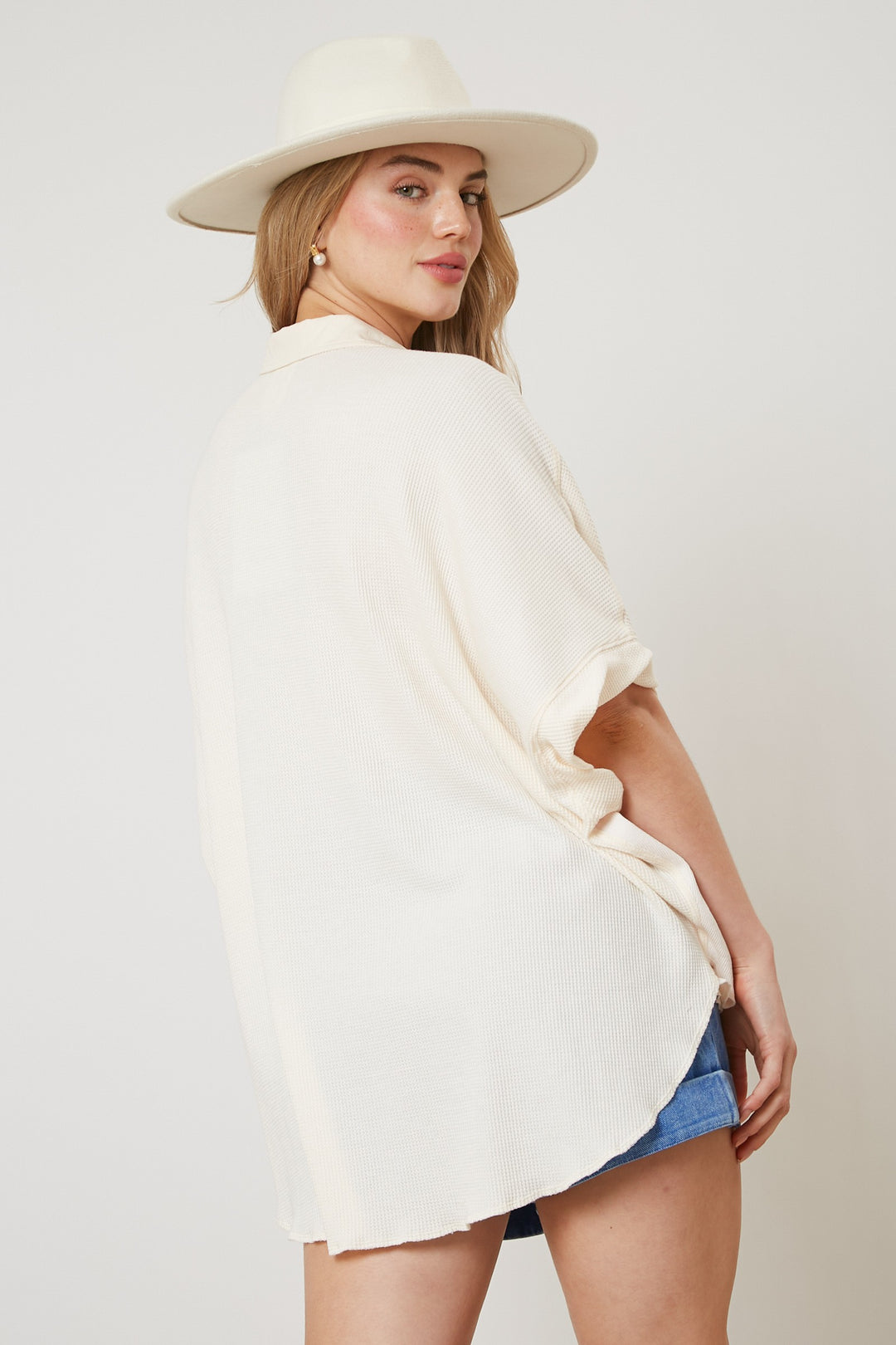 Cream Short Sleeve Front Pocket Top