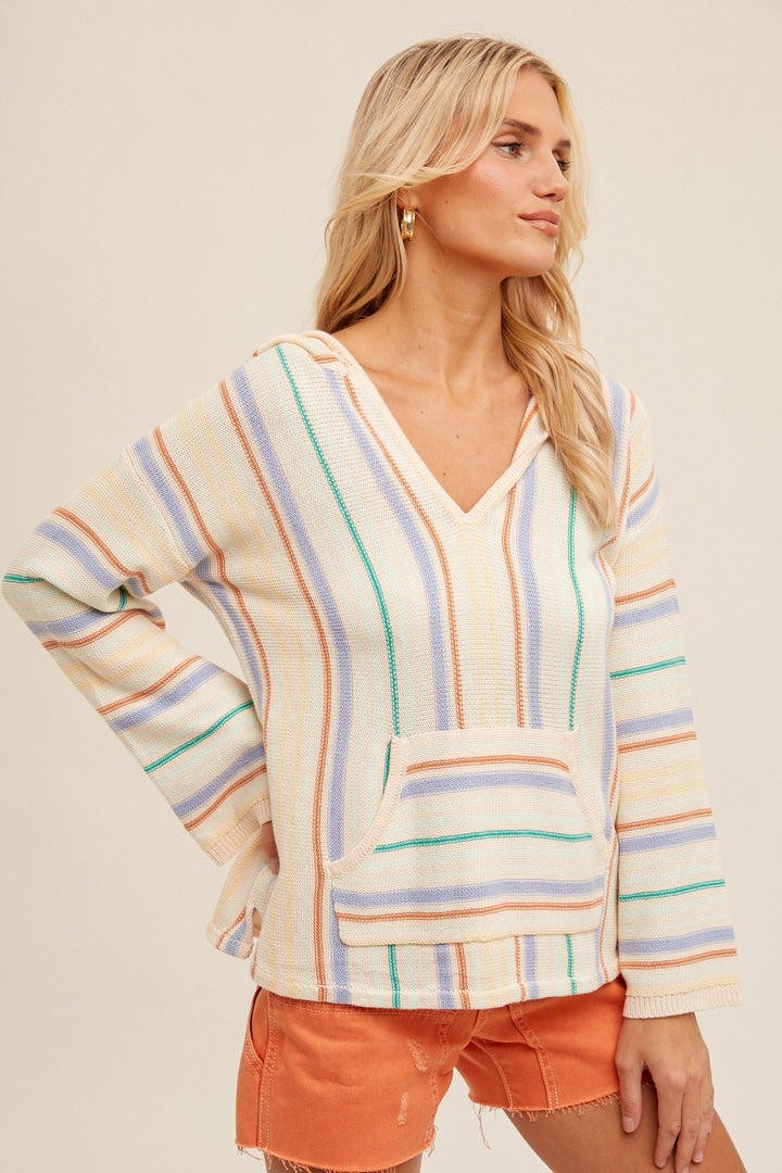 Stripe Hoodie Bell Sleeve Sweater