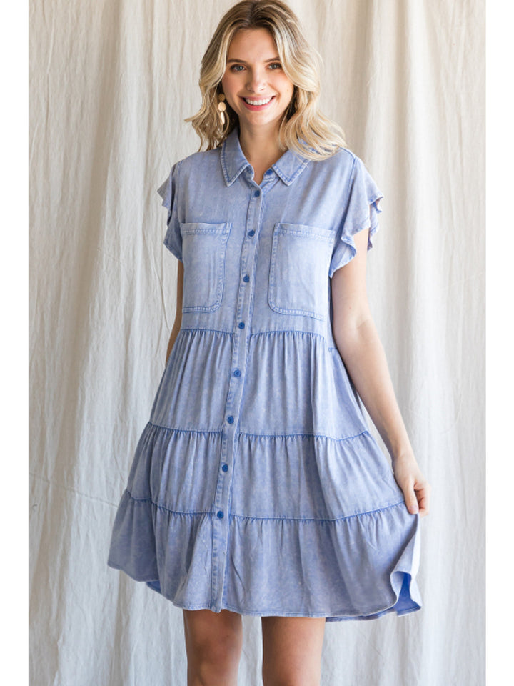 Washed Collar Button Up Dress S-3X