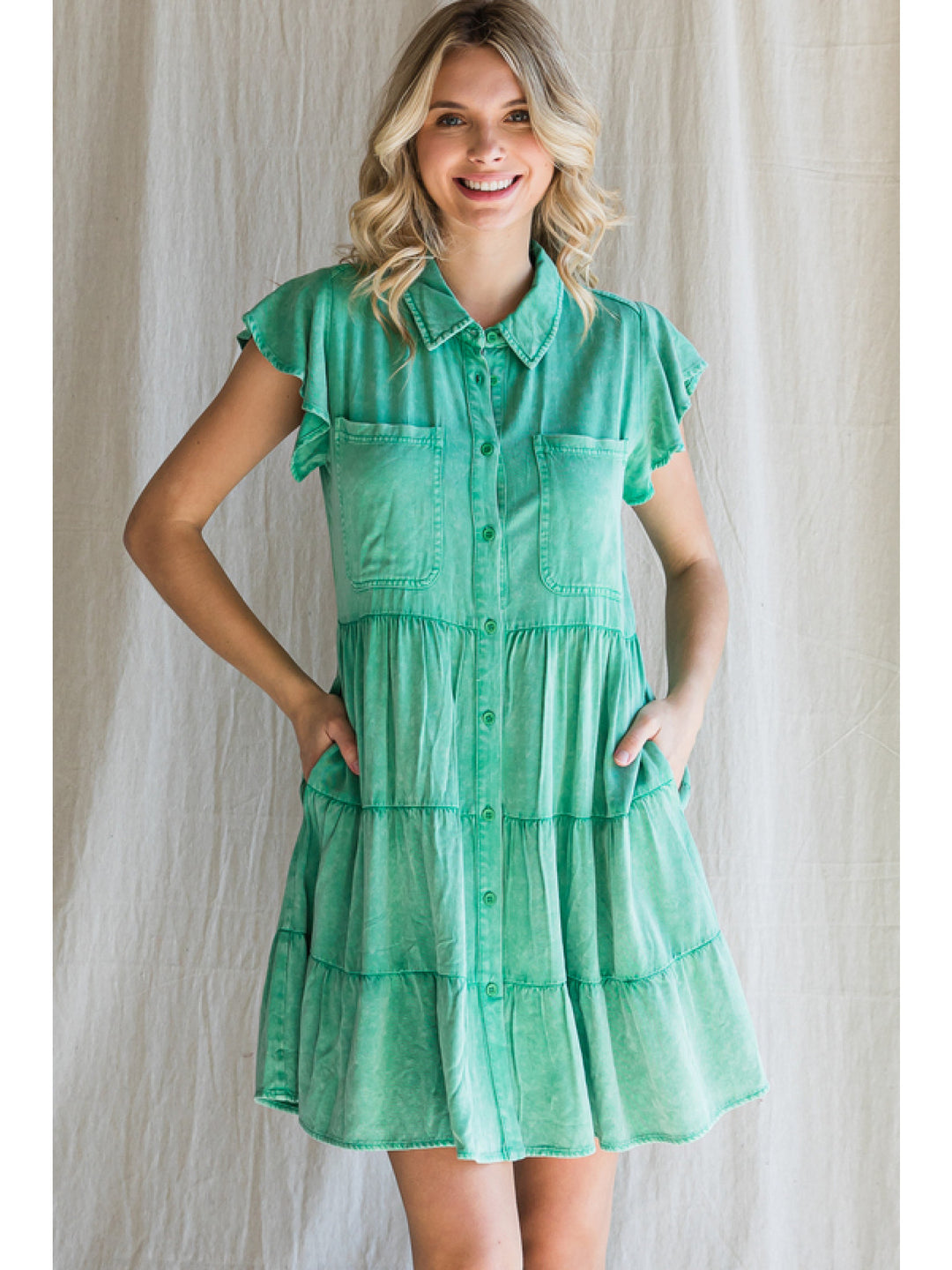 Washed Collar Button Up Dress S-3X