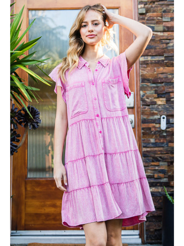 Washed Collar Button Up Dress S-3X