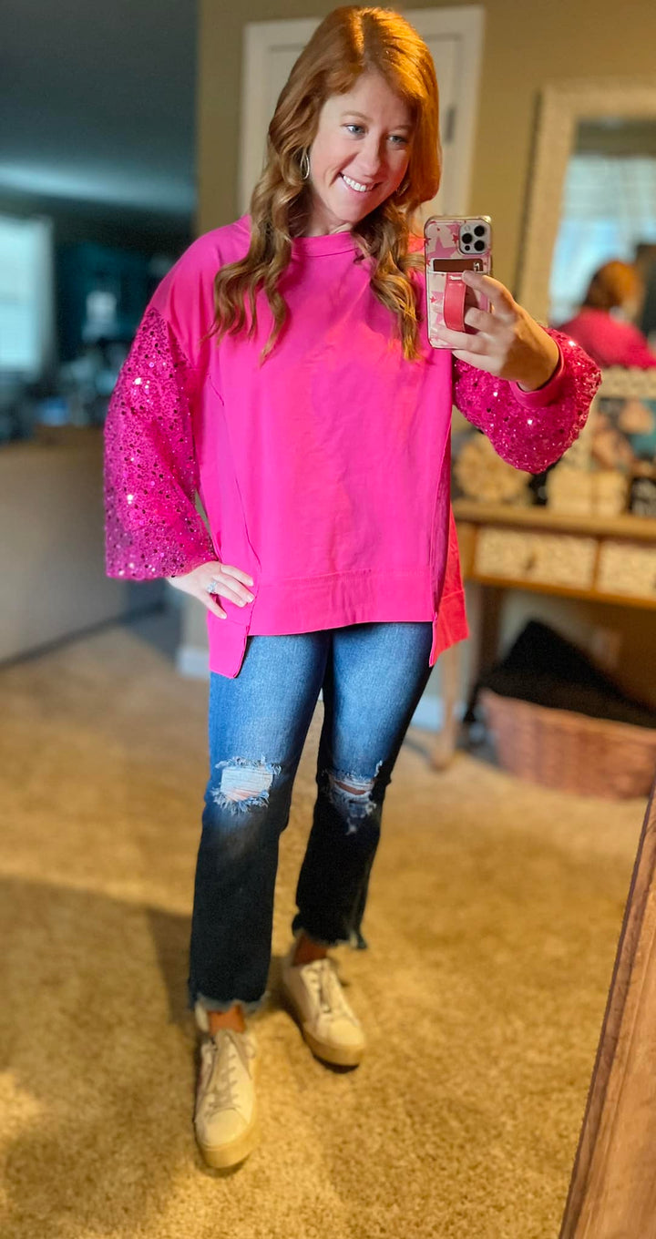 Sequin Sleeve French Terry Top