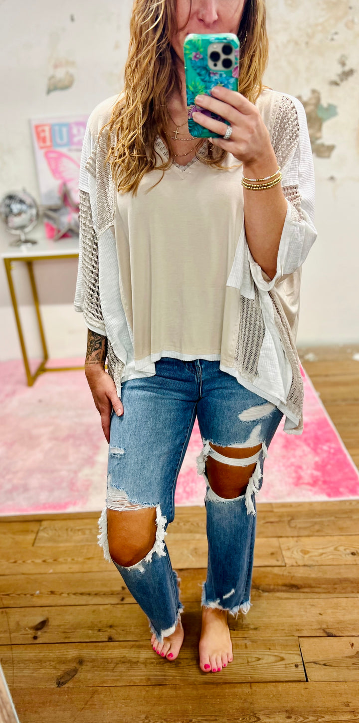 Mixed Fabric Oversized Knit Top