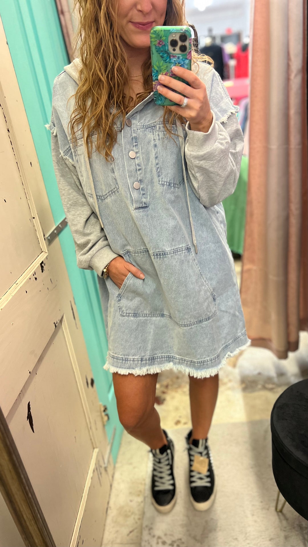 Denim dress with hoodie hot sale