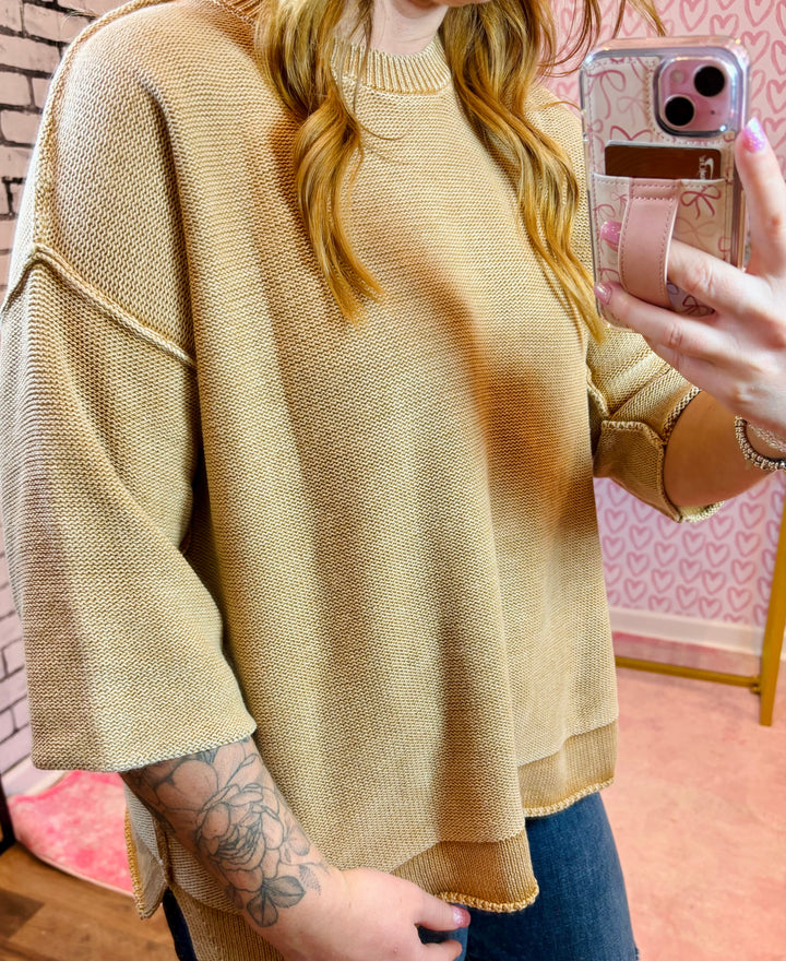 Half Sleeve Mineral Wash Sweater Top (S-2X)