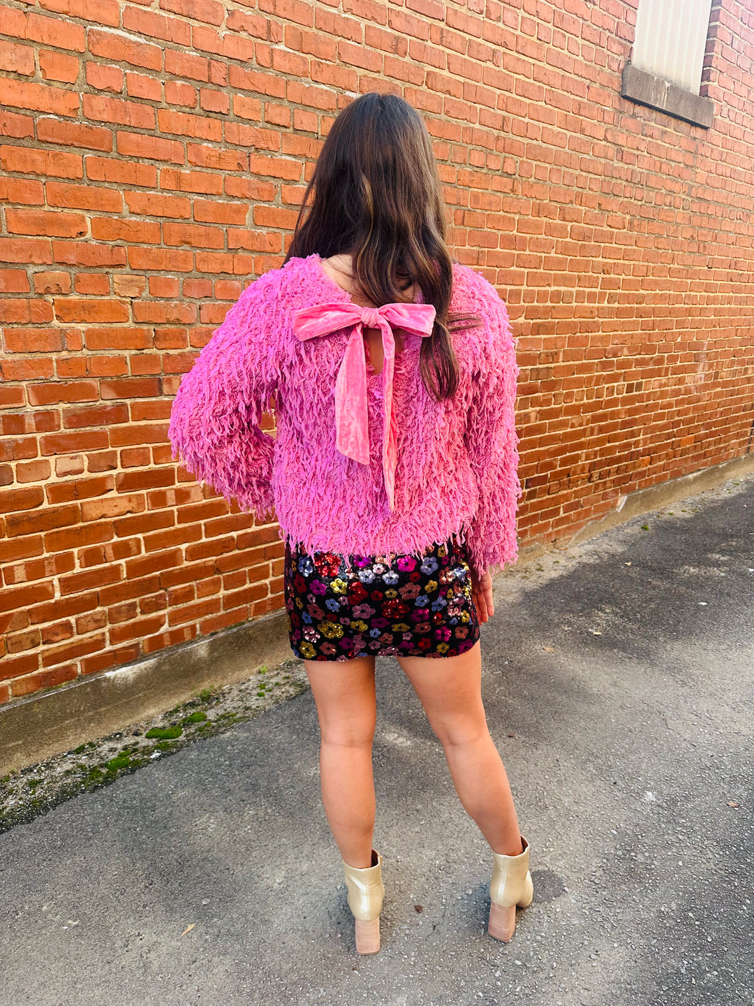 Pink Fuzzy Sweater Top with Bow