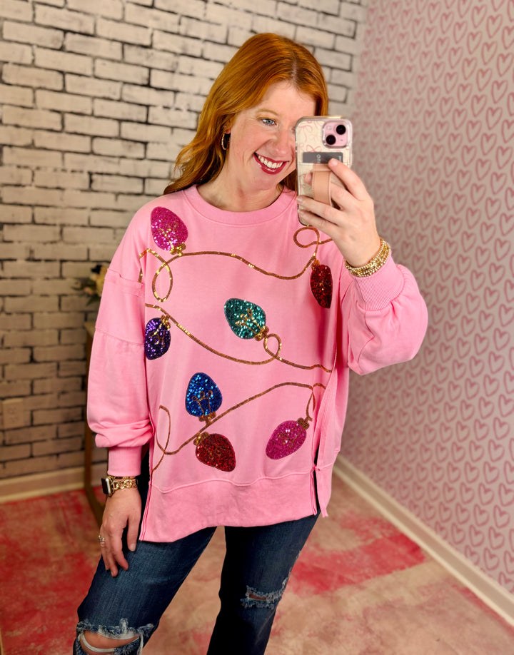 Pink Sequin Christmas Light Sweatshirt Top