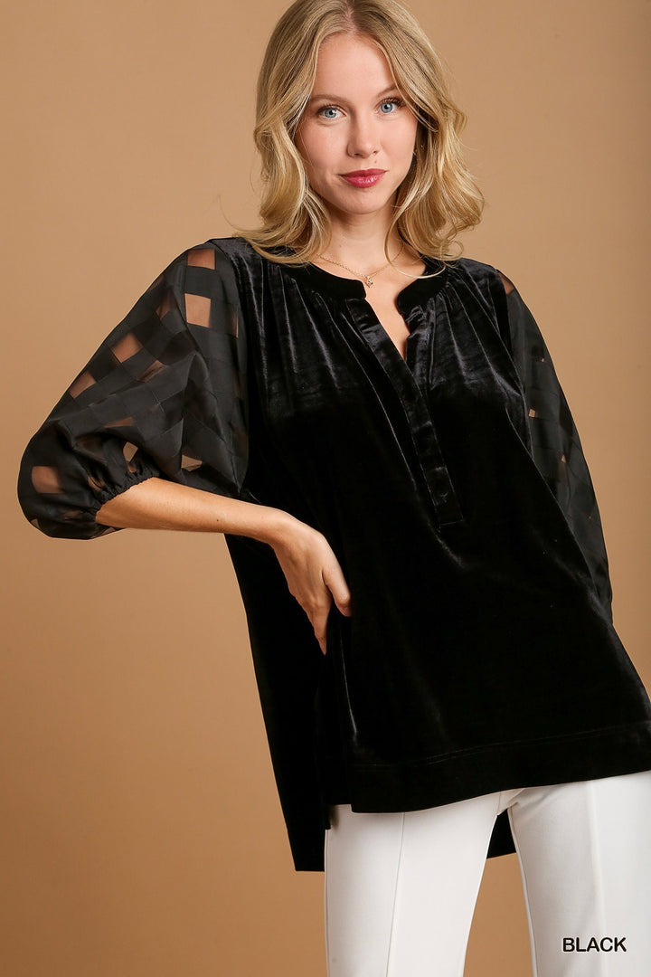 Velvet V-Neck with Puff Sleeve S-2X