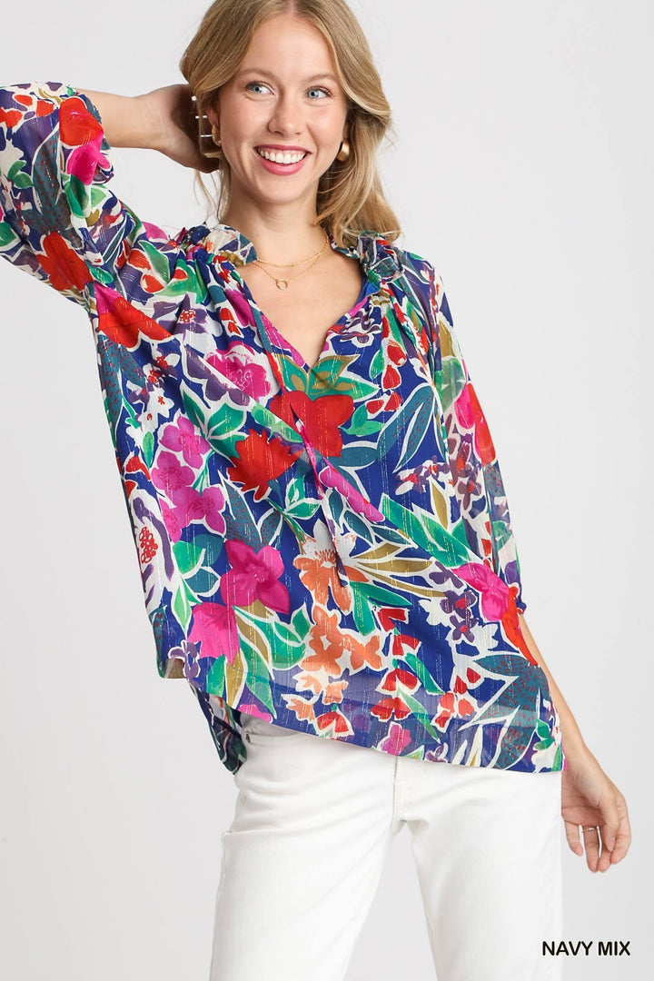 Metallic Floral Print Top S-2X