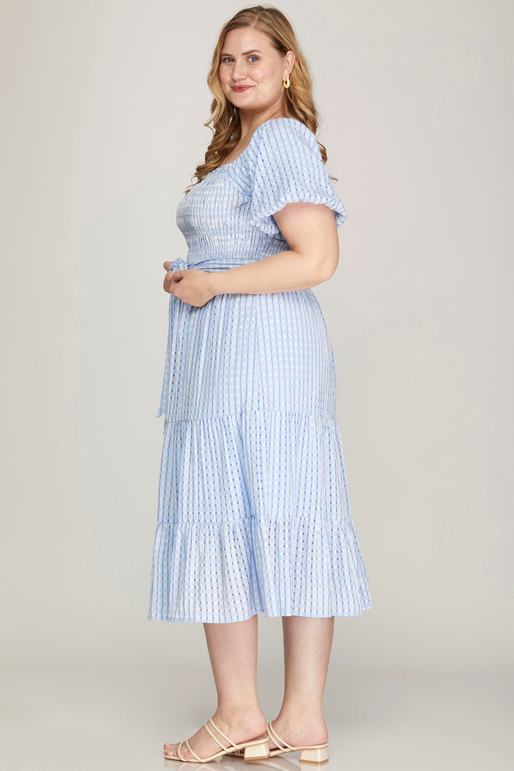 Blue Gingham Smocked Midi Dress S-2X