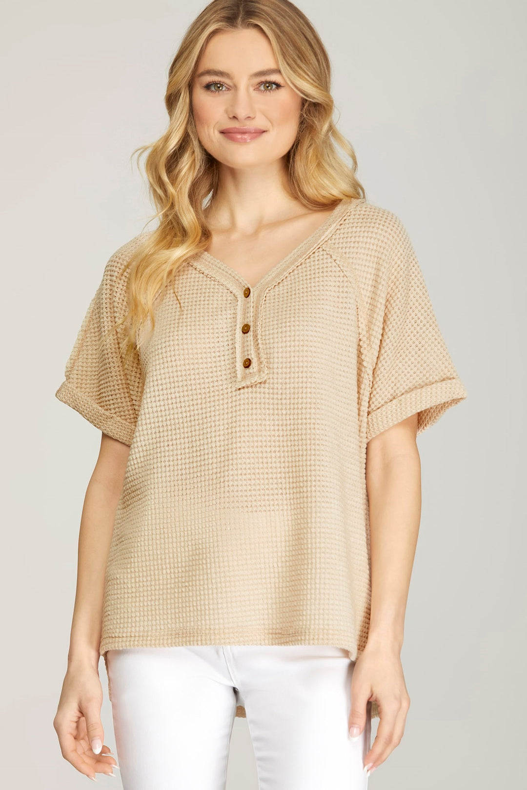 Waffle Weave Button Top