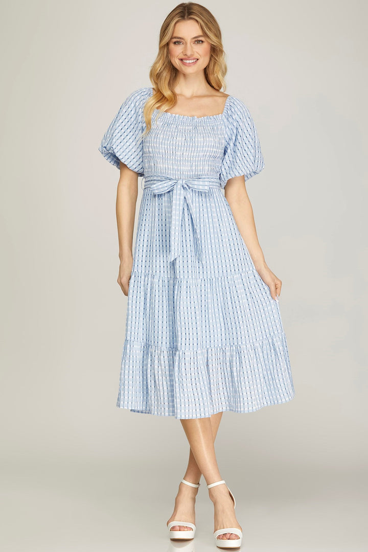 Blue Gingham Smocked Midi Dress S-2X