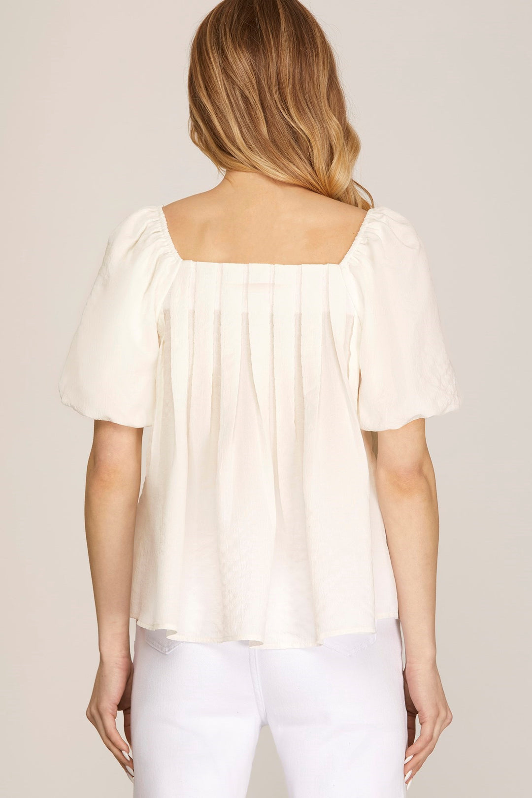 White Pleated Square Neck Top