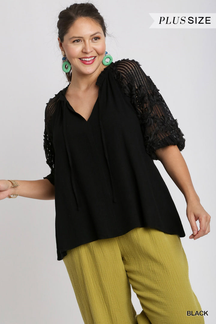 Black Linen Floral Sleeve Plus Top