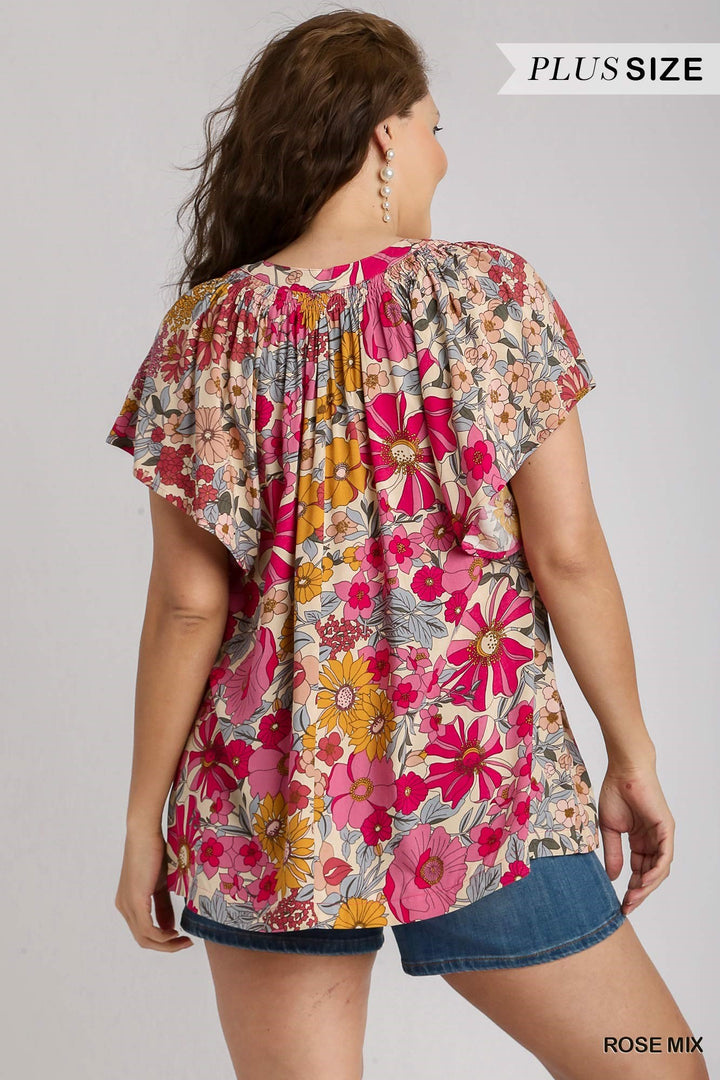 Floral Flutter Sleeve Plus Top