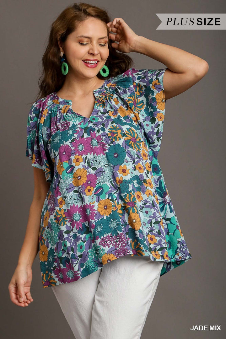 Floral Flutter Sleeve Plus Top