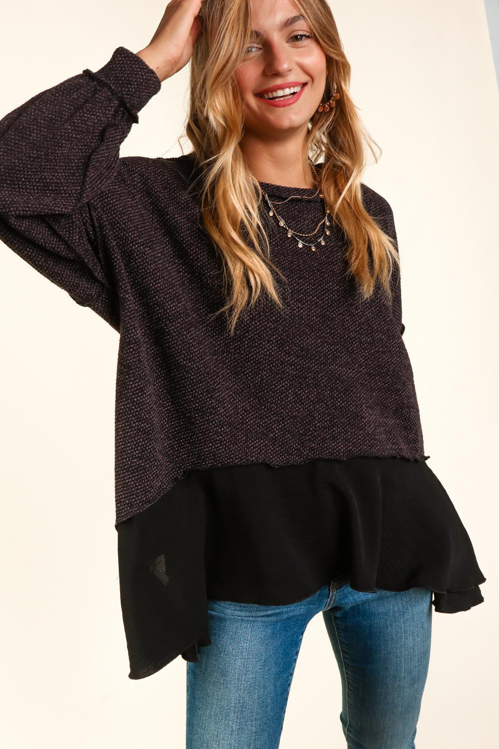 Two Tone Sweater with Hem Detail