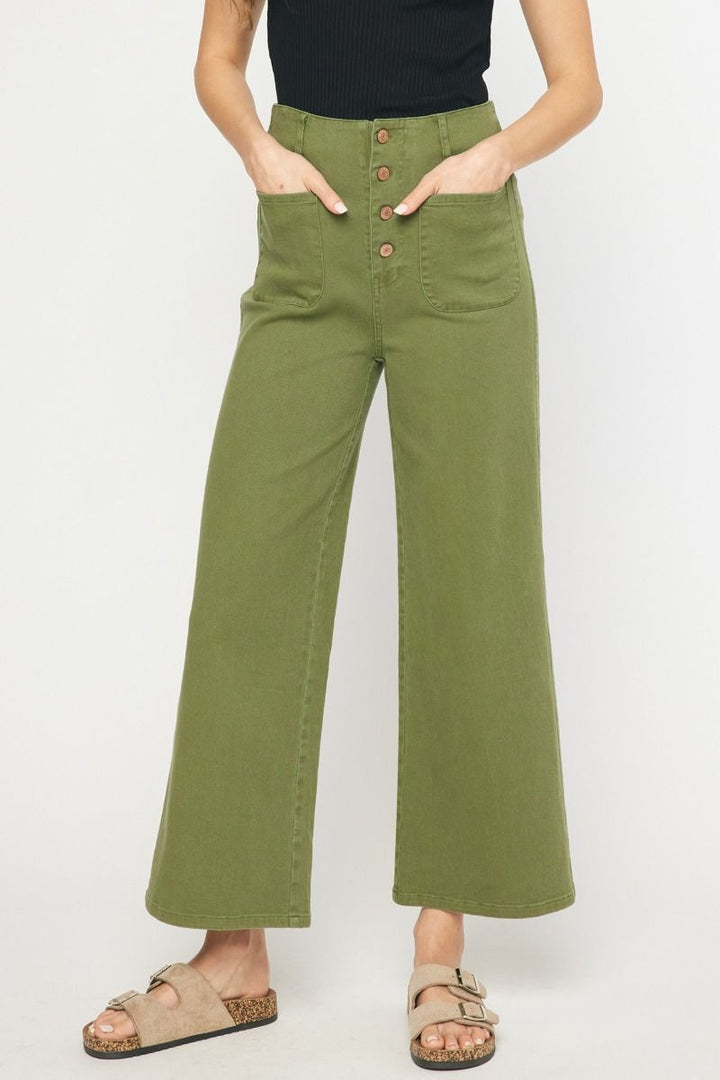 High Waist Button Fly Wide Leg Pants