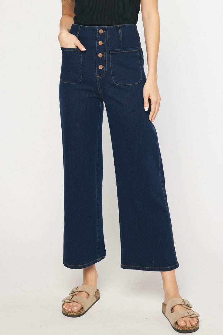 High Waist Button Fly Wide Leg Pants