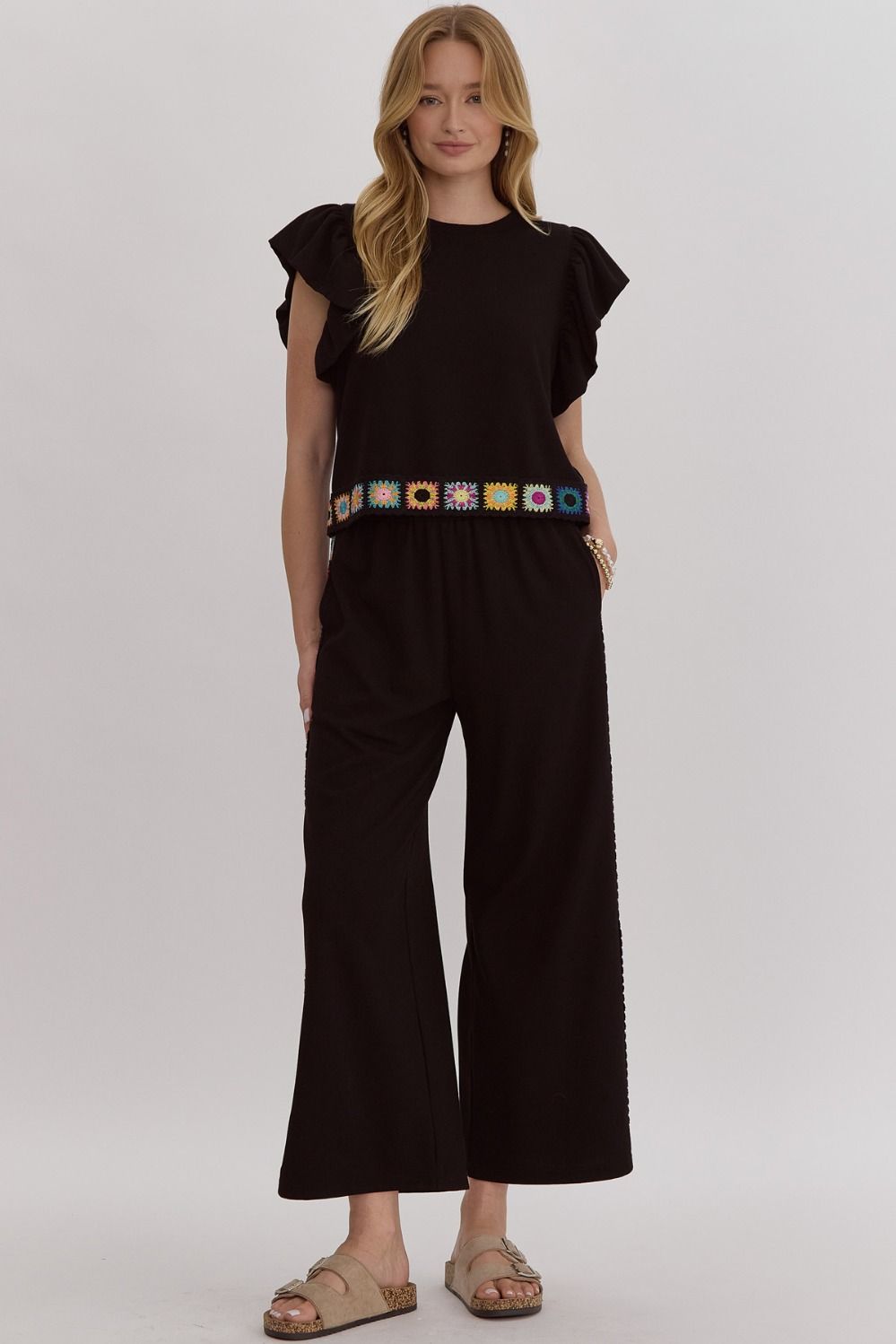 Embroidered Pant Flutter Sleeve Top Set