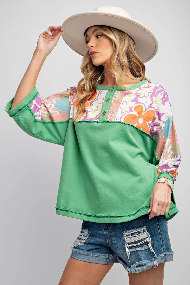 Floral Print Henley Top S-3X