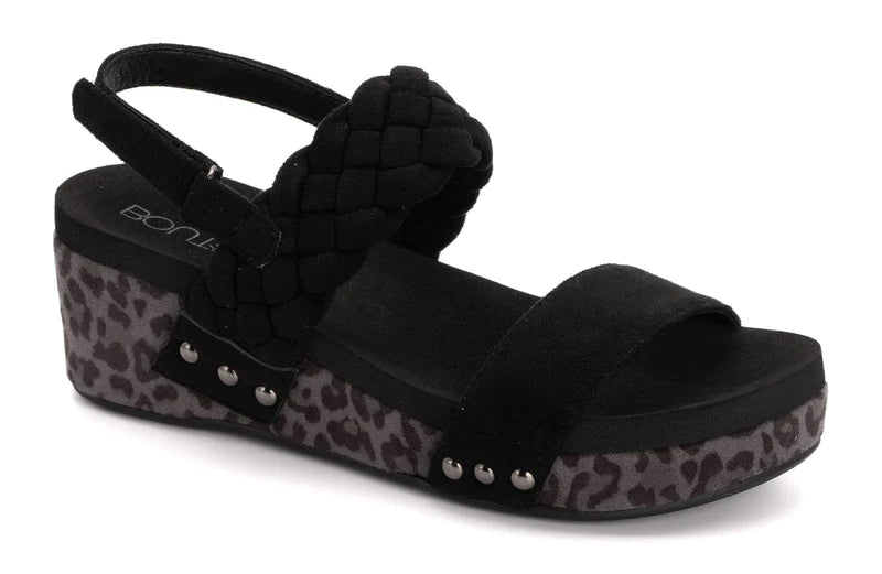 Black Leopard Braided Wedge Corky Sandals
